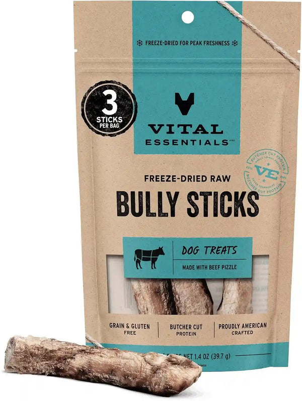 Vital Essentials Freeze Dried Bully Sticks Dog Treats, 1.4 Oz Bag (3 Count) | Single Ingredient, Premium Quality Protein, Long Lasting, Grain Free, USA Made with U.S. & Globally Sourced Ingredients1