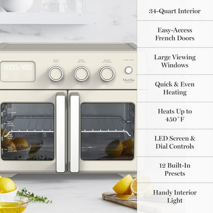 French Door Air Fryer Toaster & Convection Oven 34QT, Linen | 12-In-1 Countertop Oven, Bake, Broil, Roast, Fits 12” Pizza, Dehydrate, Air Fry Basket, Oven Rack, Rotisserie, Cream White10