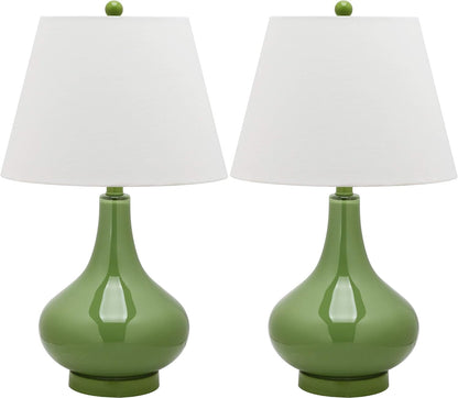 SAFAVIEH Lighting - Amy 24" Fern Green Glass Gourd Table Lamp Set of 2 with White Shades, Modern Contemporary Bedroom Living Room Lighting, LED Bulbs Included (LIT4087G-SET2)1