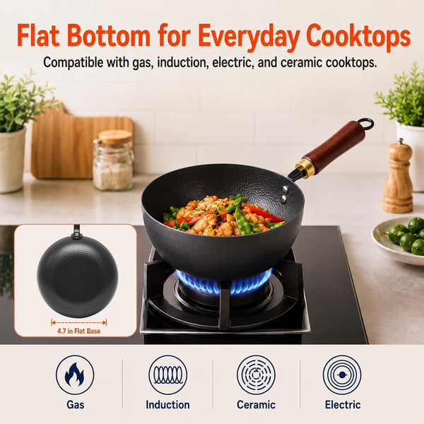 8-Inch Carbon Steel Wok with Lid, Flat Bottom, Gas and Induction | Hammered Carbon Steel, 1.6 Qt Capacity, Removable Beechwood Handle, Uncoated, for Noodles, Eggs, Sauces and 1-2 Servings5