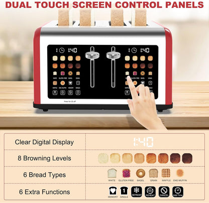 4 Slice Toaster Touch Screen, Stainless Steel Toasters Digital Timer, Dual Control Panel Toasters, 8 Shade Settings 6 Bread Types for Bagel, Cancel, Defrost 1650W Red4