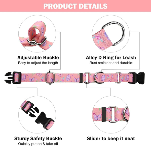 Hikiko Martingale Collar for Dogs Adjustable Soft Nylon Dog Collars with Cute Patterns for Small Medium Large Dog（Pink Butterfly,Medium）4