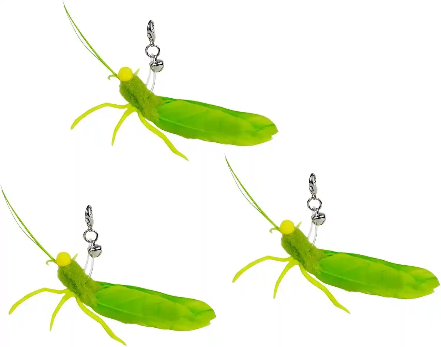 ttcat-3-pack-grasshopper-cat-wand-refills-realistic-green-insect-natural-feather-detachable-replacement-toy-with-bell-universal-lobster-clip-on-cat-teaser-attachments