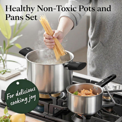 Stainless Steel Pots and Pans Set Non Toxic, 6Pcs Kitchen Cookware Sets with Stay-Cool Handles, Dishwasher Safe&Compatible with All Stovetops(Gas,Electric&Induction)3