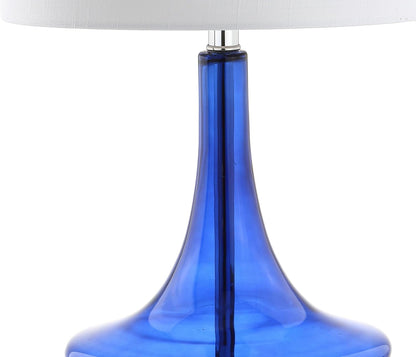 Cecile 25.5" Metal Glass Lamp, Cobalt Blue/Chrome, Set of 2 | White Linen Drum Shade, Teardrop Base, 60" Silk Wrapped Cord, LED Bulbs Included5