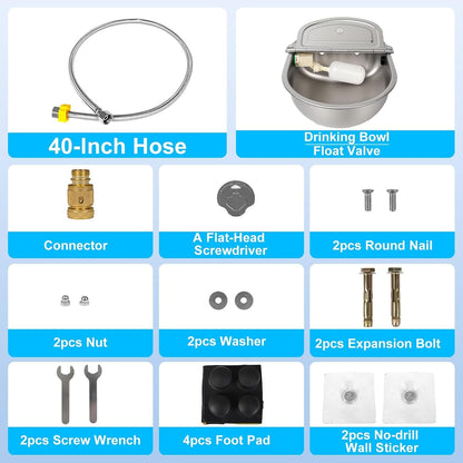 Automatic Pet Water Bowl with Float Valve, 304 Stainless Steel, Includes Bowl, Valve, 40" Hose, Adapters, Bolts, Wrench, Fits 1/2" & 3/4" Faucets, for Dogs/Livestock, Drain Hole5