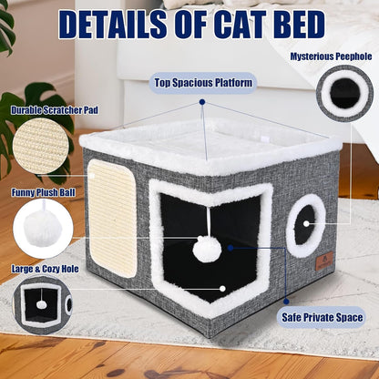 Cat Beds for Indoor Cats, Large Cat Cave Bed with Scratch Pad and Fluffy Ball, Foldable Cat Hideaway, Cat House with Reversible Cushion for Multi Small Pet up to 30LBS, Grey4