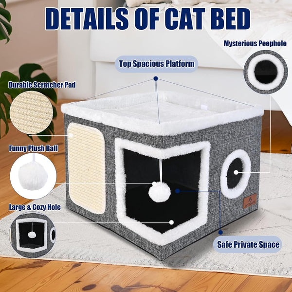 Cat Beds for Indoor Cats, Large Cat Cave Bed with Scratch Pad and Fluffy Ball, Foldable Cat Hideaway, Cat House with Reversible Cushion for Multi Small Pet up to 30LBS, Grey4