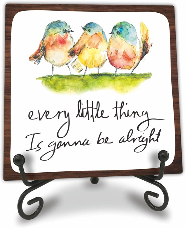 4" Bird Decor - Every Little Thing Is Gonna Be Alright - Spring Decor Watercolor Adorable Birds, Positive Quotes Wooden Plaque Desk Decor, Uplifting Gifts, Spring Decor for Home Decorations - A201
