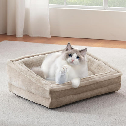 Laojin Balhen Cat Couch for Pets, Washable Cat Beds for Indoor Cats, Super Soft Plush Supportive Dog Couch Bed for Puppy and Kitten with Anti-Slip Bottom, 24Inch, Beige6