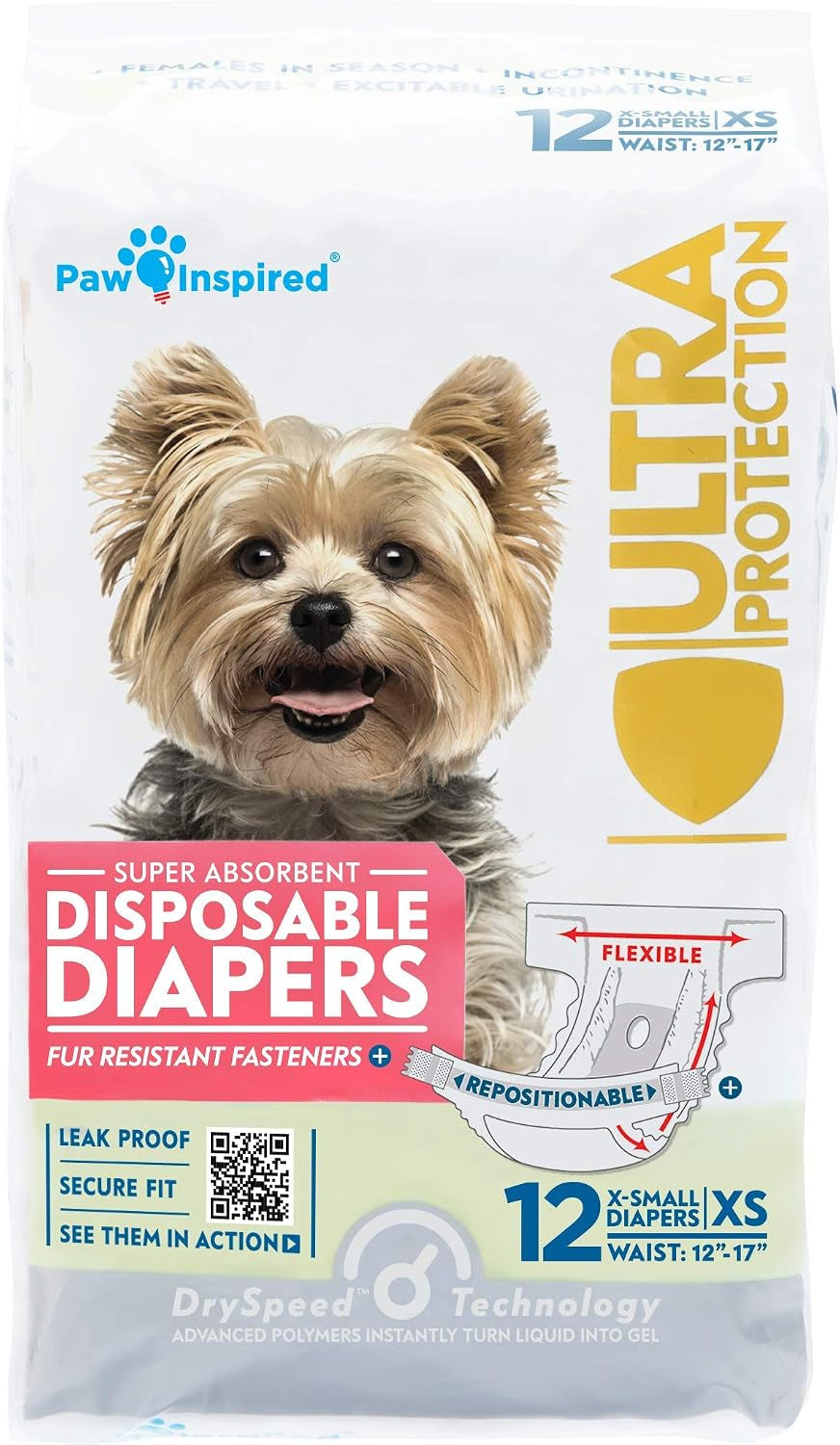 paw-inspired-disposable-female-dog-diapers-xs-size-12-count-ultra-protection-adjustable-fasteners-comfortable-fit-leakproof-core-for-dogs-in-heat-excitable-urination-incontinence