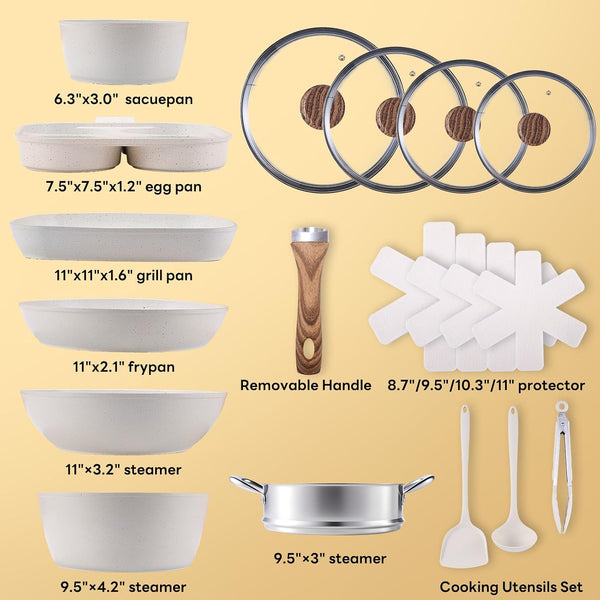 17-Piece Nonstick Cookware Set, Pfas-Free, Induction, Cream White | Dishwasher Safe, Detachable Stay-Cool Handles, Vented Glass Lids, Fits Gas & Ceramic Stovetops, Lightweight & Compact2