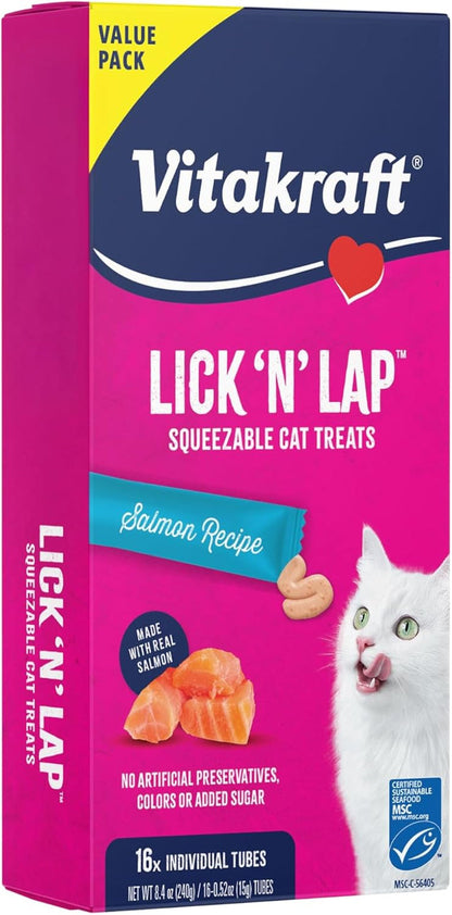 Vitakraft Lick 'N' Lap Real Salmon Squeezeable Liquid Cat Treats, Lickable, Salmon Broth #1 Ingredient, No Artificial Colors, Preservatives or Added Sugar, for Hydration, 0.52 Oz. Tubes, 16 Count1