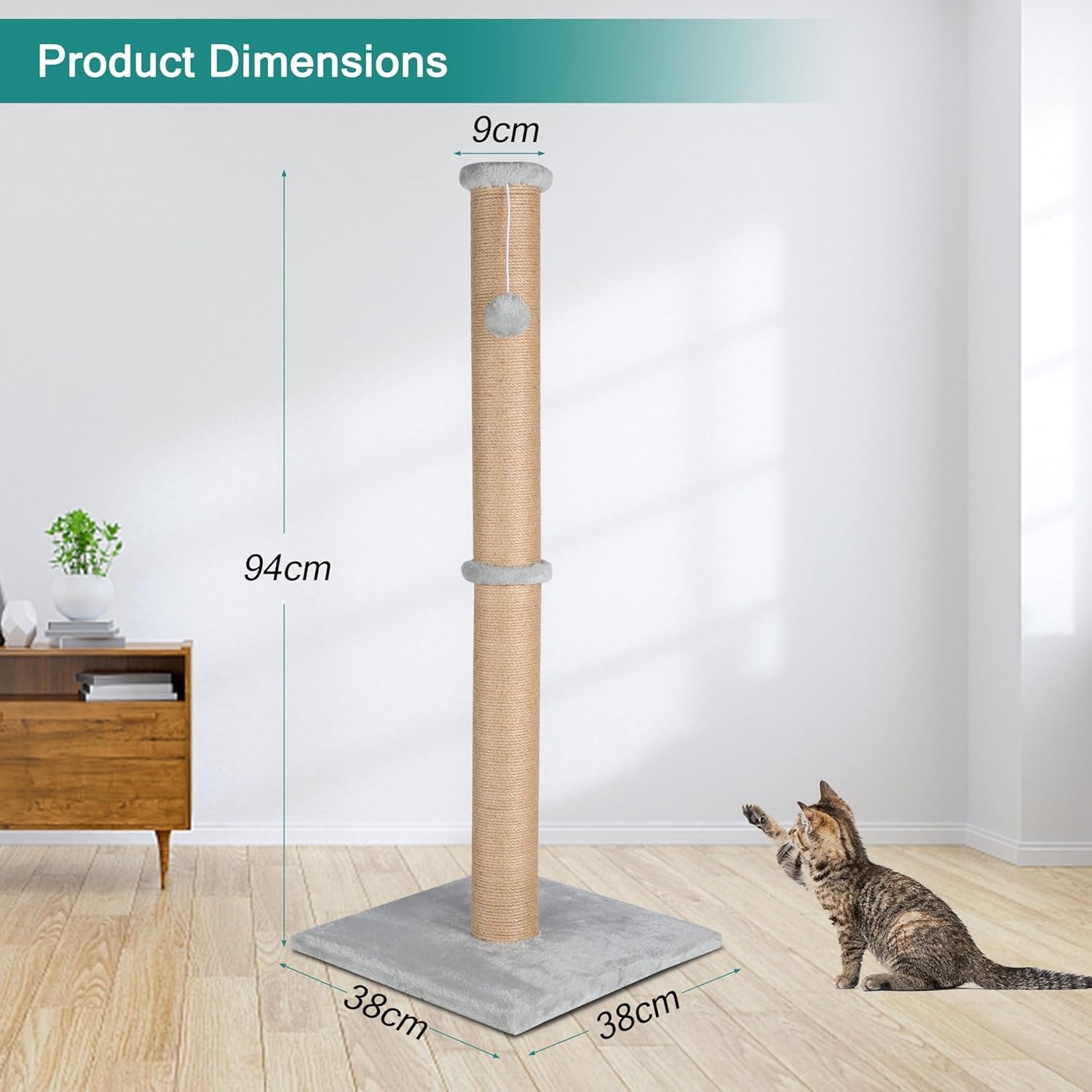 fluffydream-37-cat-scratching-post-natural-sisal-rope-scratcher-with-dangling-teaser-ball-and-covered-with-soft-plush-for-kittens-and-adult-cats-sand-color