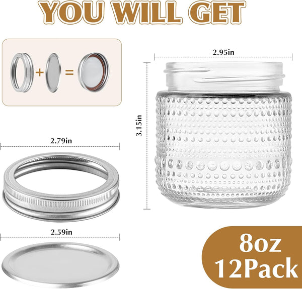 Mason Jars 8 Oz with Lids 12 Packs, Vintage Half Pint Small Glass Canning Jars with Silver Metal Lids for Storing, Pickling, Honey, Jam, Home Decor, Candle and DIY Crafts2