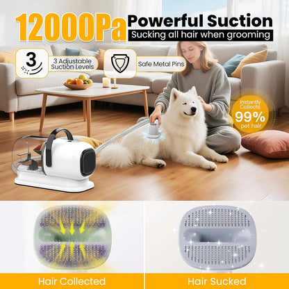 FIXR Dog Grooming Vacuum, All-In-One Pet Grooming Kit with Hair Clipper & Shedding Brush, Low Noise 12,000Pa Dog Hair Remover Vacuum, Pet Groomer Set with Cleaning Brushes, PG012
