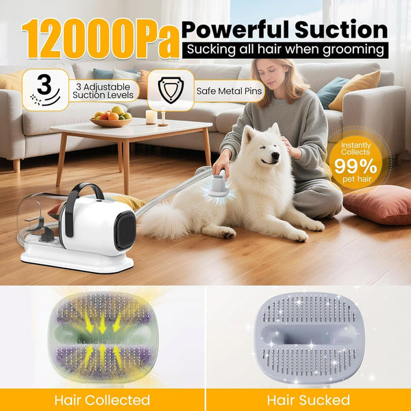 FIXR Dog Grooming Vacuum, All-In-One Pet Grooming Kit with Hair Clipper & Shedding Brush, Low Noise 12,000Pa Dog Hair Remover Vacuum, Pet Groomer Set with Cleaning Brushes, PG012