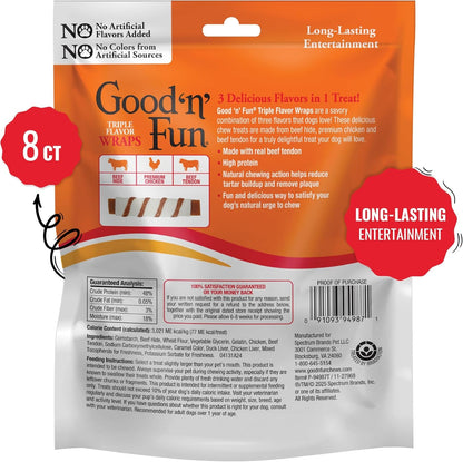 GOOD 'N' FUN Triple Flavor Wraps with Beef Tendon Chews, High-Protein Dog Treat for All Adult Dogs, Made with Real Beef Hide, Chicken & Beef Tendon, 8 Count9