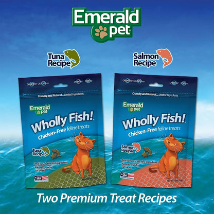 EMERALD PET Wholly Fish! Chicken-Free Feline Treats, Tuna Recipe — Tasty and Crunchy Tuna Cat Treats with Real Tuna — Chicken Free, Grain Free, Natural Cat Treats — Made in USA, 3 Oz5