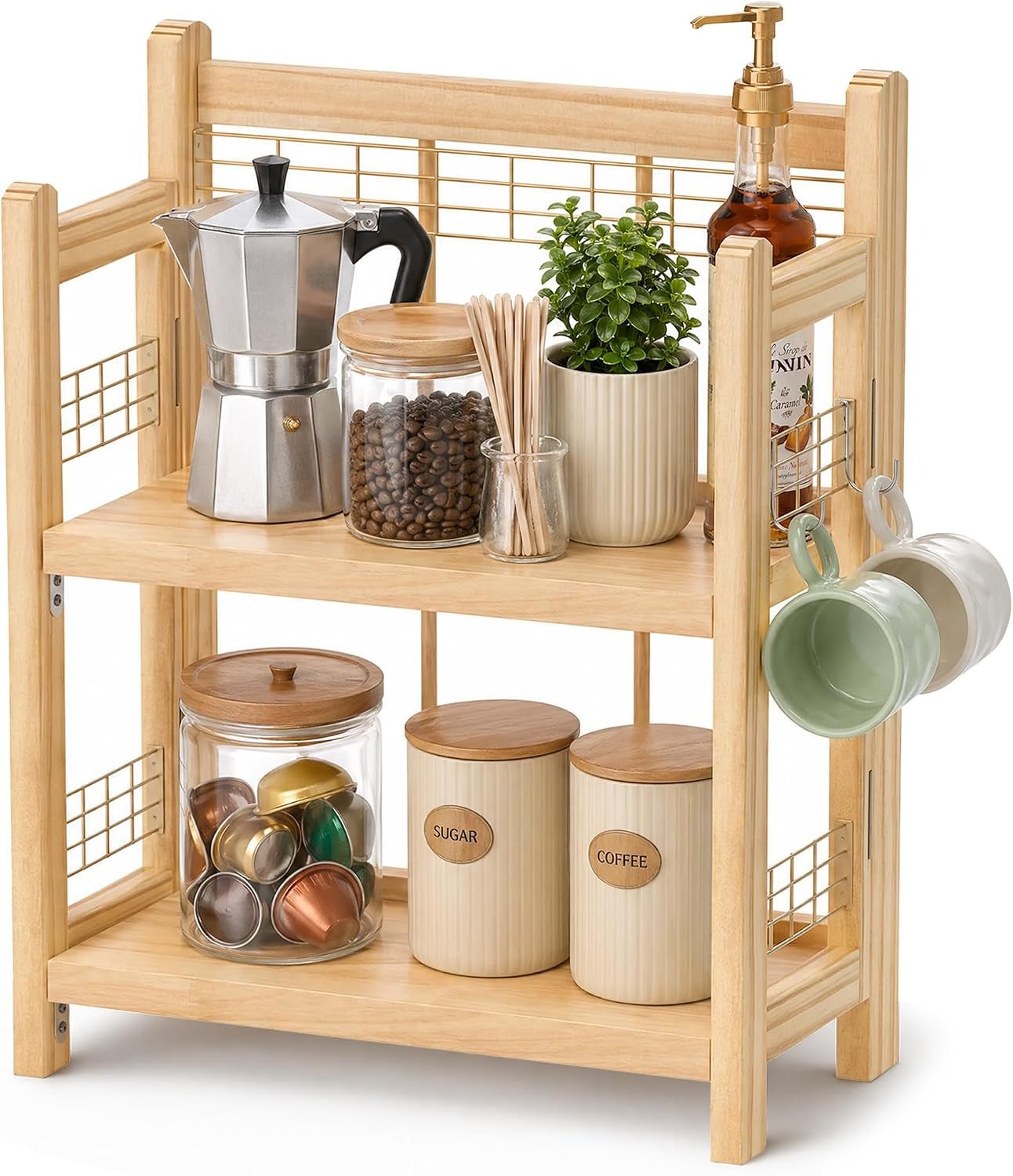 no-assembly-coffee-bar-organizer-2-tier-coffee-station-shelf-foldable-oak-wood-shelf-coffee-station-accessories-storage-for-syrup-pod-3-hooks-for-mugs-kitchen-condiment-rack-natural