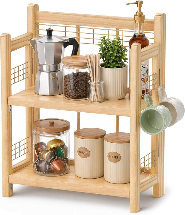 No-Assembly Coffee Bar Organizer, 2-Tier Coffee Station Shelf | Foldable Oak Wood Shelf, Coffee Station Accessories Storage for Syrup & Pod, 3 Hooks for Mugs, Kitchen Condiment Rack Natural1