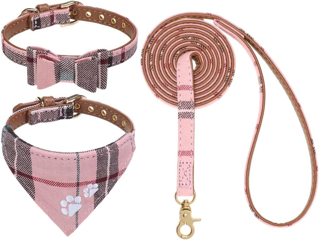 expawlorer-puppy-collar-and-leash-set-embroidery-pawprints-plaid-dog-collar-and-dog-leash-set-bow-tie-and-bandana-dog-collar-with-bell-cute-collar-and-leash-for-dogs-cats-outdoor-walking-blue-s
