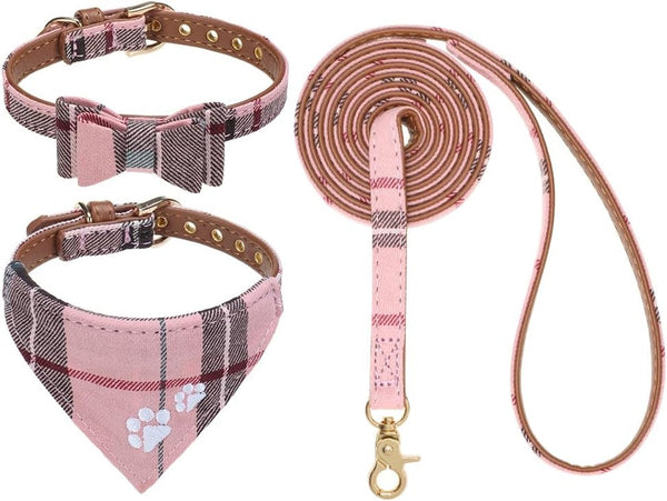 EXPAWLORER Puppy Collar and Leash Set - Embroidery Pawprints Plaid Dog Collar and Dog Leash Set, Bow Tie and Bandana Dog Collar with Bell, Cute Collar and Leash for Dogs Cats Outdoor Walking, Blue S15