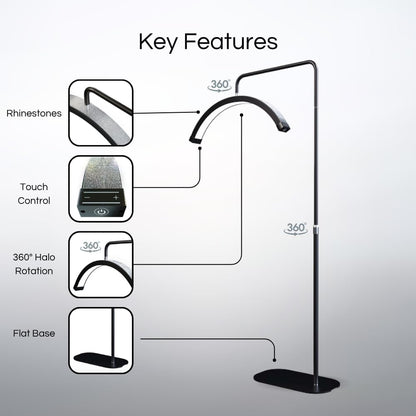Bling Half Moon Lash Light | Dimmable LED Diamond Esthetician Light for Eyelash Techs - LED Floor Lash Lamp with Adjustable Height, Touch Control & Stable Base | Warm & Cool Tones | Black6