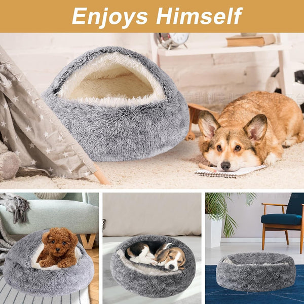 Hooded Dog Bed for Small Dogs, Nest Dog Beds, Washable Cute Cat Cave Bed, Cozy Nook Pet Bed for Dogs or Cats, Anti-Slip Puppy Bed Fits up to 22 Lbs Pets(Grey, 20" X 20")7