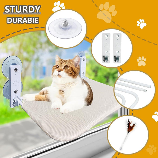 Cat Window Perch Seat Hammock, Foldable Hammock with 4 Strong Suction Cups, Easy to Assemble and Cat Wand,Cream5