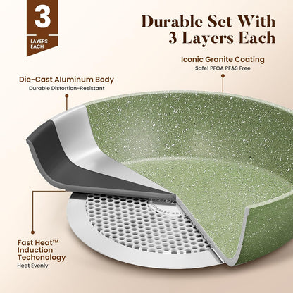17Pcs Green Induction Cookware Set, Nonstick Pots and Pans | Sage Green Granite Coating, Healthy Non Toxic Kitchen Cooking Pans and Pots Set Non Stick6
