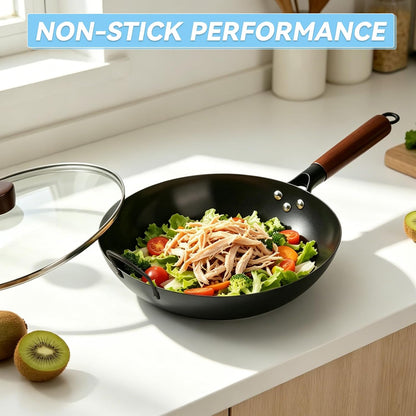 13-Inch Carbon Steel Wok Pan with Glass Lid Pre-Seasoned Flat Bottom Woks & Stir-Fry Pans Nonstick with Wooden and Steel Helper Handle Compatible with Induction, Gas, Electric, Open Fire5
