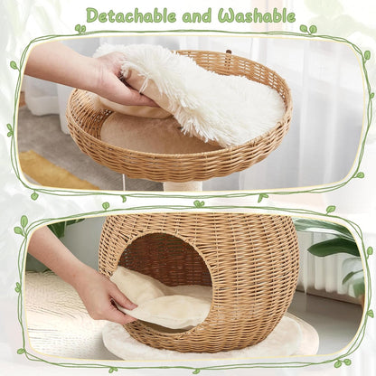 Yaheetech Cat Tree, 29.5In Rattan Cat Tower for Indoor Cats W/Scratching Post, Woven Cat Condo and Soft Cushion Top Perch, Aesthetic Cat Tree for Kittens | Boho PE Rattan Tower with a Hideaway Cubby and Top Window Perch, Fits Small Spaces and Corners as Decor, Assembles in Minutes4