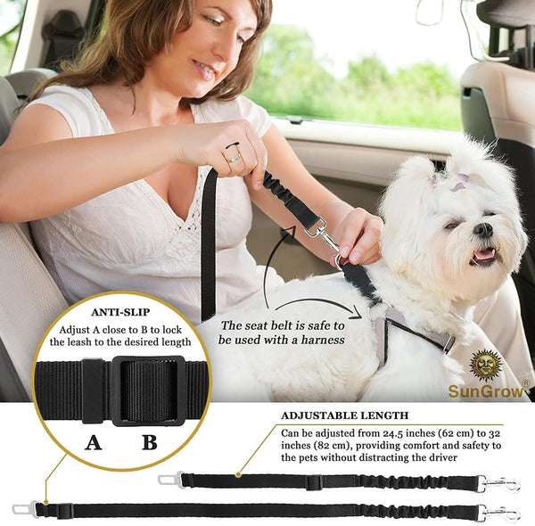 Sungrow Elastic Nylon Dog Seat Belt, 24” - 36”, Adjustable Black Harness, Elastic Tether with Metal Buckles, 2 Pcs per Pack3