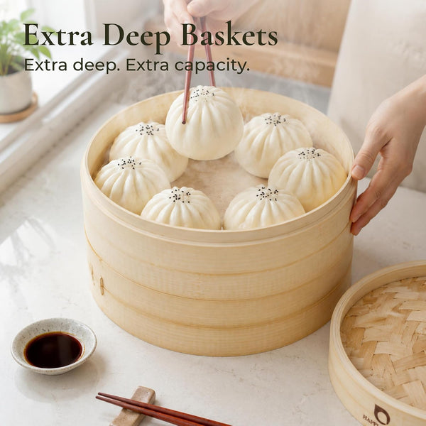 Bamboo Steamer Basket 10 Inch, Extra Deep Dumpling Steamer Set | Incl. Silicone Liners & Steel Ring, Steam Basket for Pot & Wok. Vegetable & Food Steamer for Dim Sum, Bao Buns5