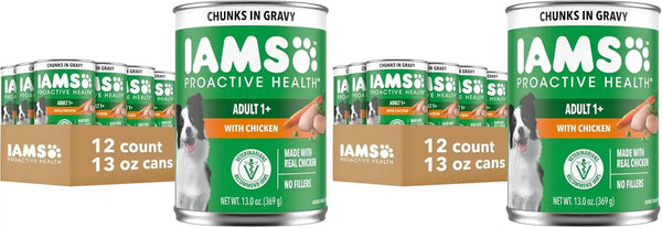 IAMS Proactive Health Pack Wet Dog Food, Beef & Chicken, 13 Oz, 12 Pack | Chunks in Gravy, Omega 6 Fatty Acids, Supports Healthy Skin, Muscles & Digestion, 13 Oz. Cans, No Artificial Flavors12