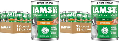 IAMS Proactive Health Pack Wet Dog Food, Beef & Chicken, 13 Oz, 12 Pack | Chunks in Gravy, Omega 6 Fatty Acids, Supports Healthy Skin, Muscles & Digestion, 13 Oz. Cans, No Artificial Flavors12