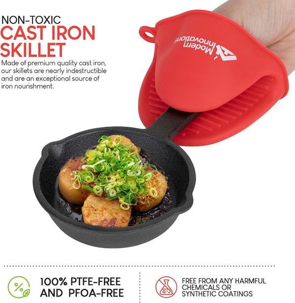 Mini Black Cast Iron Skillet Set with Silicone Mitt (4 Count) - 3.5 Inch Pans, Pre Seasoned Small Skillets for Baked Cookie/Brownie or Cooked Eggs2