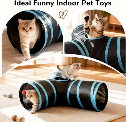 Tempcore Pet Cat Tunnel Tube Toys 3 Way Collapsible, Tunnels for Indoor Cats, Interactive Tube with Teaser Wand, Peek Holes & Hanging Ball, Black & Blue8