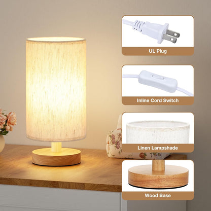 9" Small Table Lamp for Bedroom - Inline Control with 3000K Blub | Cream Shade and Wood Base | 680 Lumens | Easy Assembly | Minimalist Design | E26 | for Kitchen | for Kids Room2