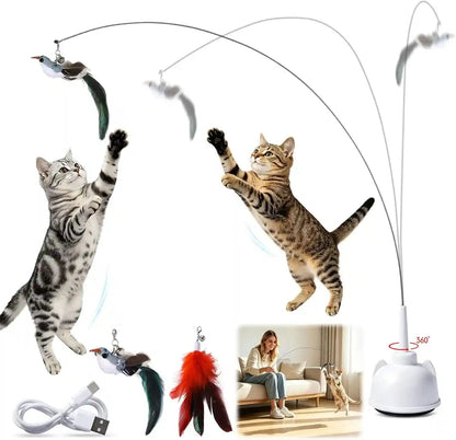 Interactive Cat Toys for Indoor Cats Toy Wand 360° Flying Bird Cat Toy | 2 Speed Adjustable Flying Bird Cat Toy Automatic Cats Toys with Self ON/OFF Feather Toy Suction Cup Electric Cat Teaser Wand1