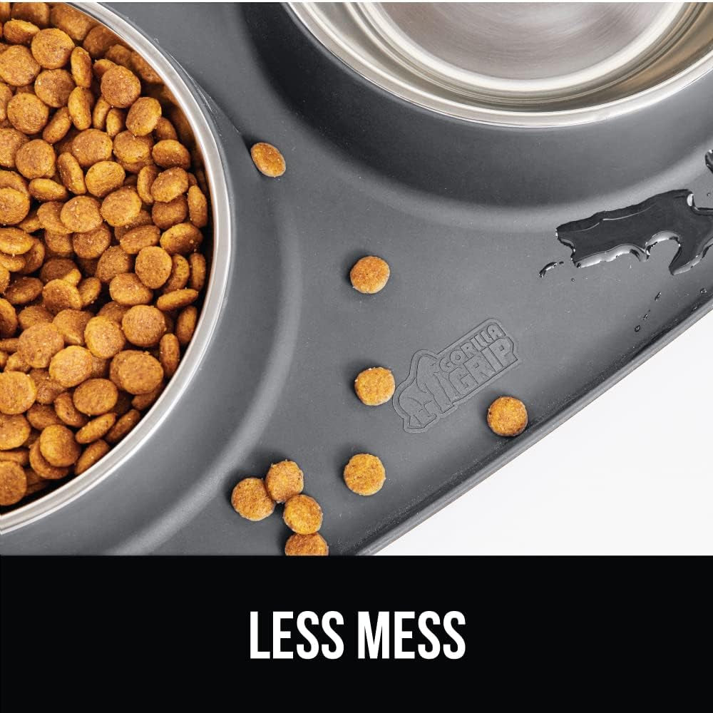 gorilla-grip-patented-dog-bowl-set-with-slip-resistant-silicone-feeding-mat-food-grade-304-stainless-steel-bowls-bpa-free-high-edge-spill-containment-dishwasher-safe-finger-notch-removal-2-cup-gray