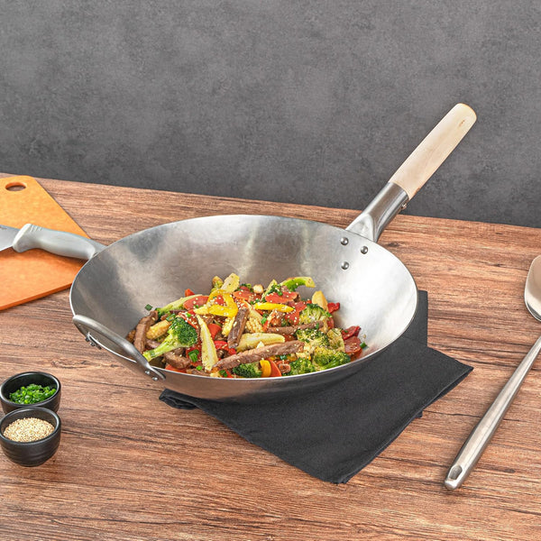 Carbon Steel Wok 1 Pack of 14 Inch Heavy-Duty Stir Fry Pan Silver Hand Hammered Wok Efficient Maneuvering Steel Helper Handle Uniform Heat Distribution Asian Cooking3