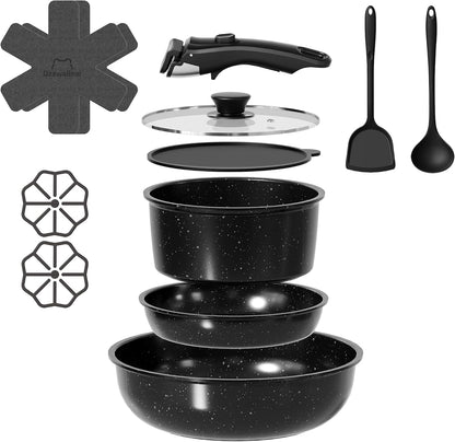 12 Pcs Pots and Pans Set Non Stick, Ceramic Cookware Set Non Toxic with Detachable Handles, Healthy Induction Cookware Oven Safe RV Kitchen Set, PFAS PFOA & PTFE Free, Black1