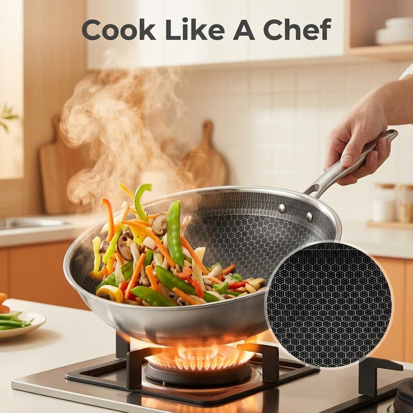 Wok Pan,Honeycomb Stainless Steel Wok Pan with Lid, 13.3 Inch Hybrid Nonstick Stir Fry Pan Flat Bottom, Induction Compatible, Dishwasher Safe, No Seasoning Needed (Serves 3-4)7