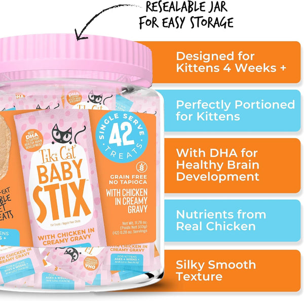 Tiki Cat Baby Stix Wet Cat Treats, Chicken in Creamy Gravy, 0.28 Oz. Sachets (42 Count Jar)5