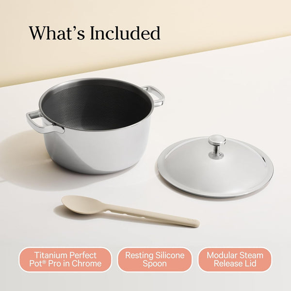 Our Place Titanium Perfect Pot Pro, 6.75 Qt Nonstick Titanium Cookware | Fully Clad Tri-Ply Steel & Aluminum Dutch Oven; Lid & Silicone Spoon Included; Induction & Oven Safe to 1000°F (750°F Gold)6