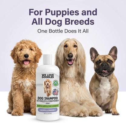 Dog Shampoo, Conditioner & Detangler, Hypoallergenic Tearless Lavender 16OZ | for Sensitive Itchy Skin, Best Shampoo for Smelly Dogs, Goldendoodle, Poodle & Doodle, Puppy Pet Wash Soap, USA Made, 4-In-18