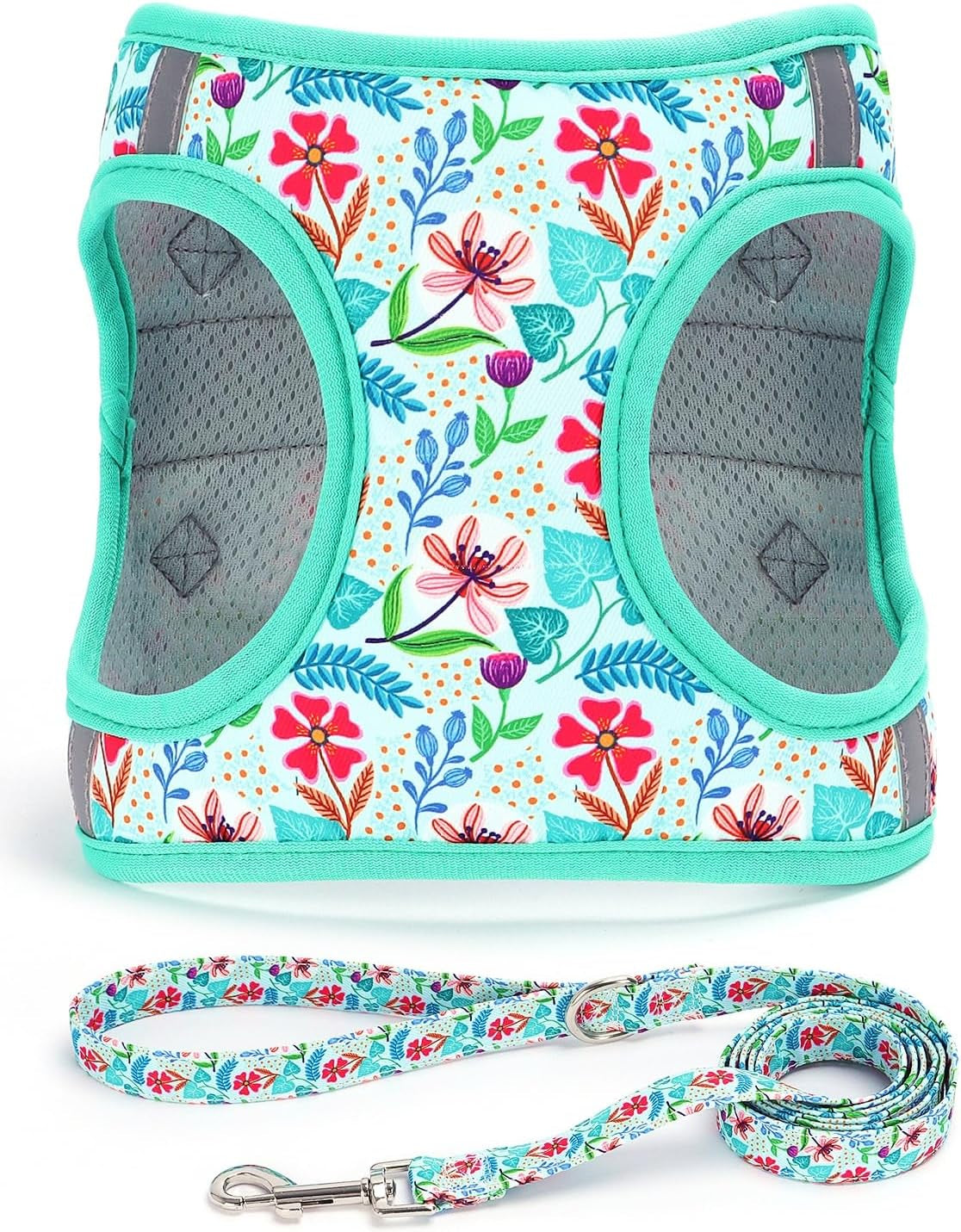 step-in-dog-harness-leash-set-all-weather-reflective-no-pull-floral-pattern-padded-mesh-vest-harness-for-cats-puppy-extra-small-small-medium-large-dogs-pink-flower-s