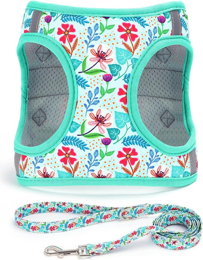 Step in Dog Harness Leash Set- All Weather Reflective No-Pull Floral Pattern Padded Mesh Vest Harness for Cats Puppy Extra-Small Small Medium Large Dogs - Pink Flower - S11